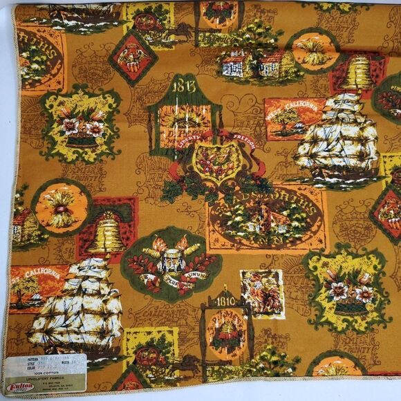Vintage Colonial Americana Pub Signs Tall Ship Upholstery Fabric Amish Brown Red - Picture 1 of 2